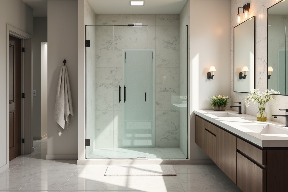 Open concept walk-in shower with frameless glass panel showing water running down the glass in a modern DFW bathroom design