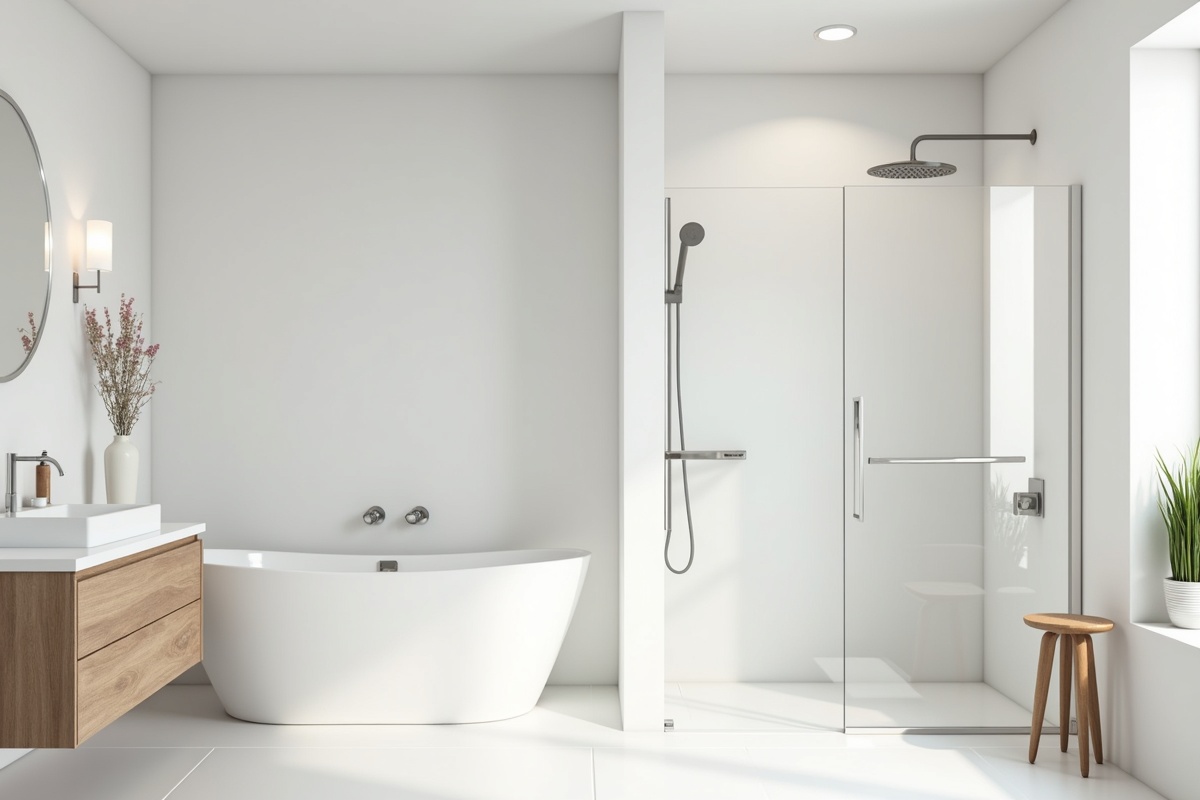 Modern DFW bathroom with open concept walk-in shower, white walls, and minimalist furniture showing a contemporary doorless shower design