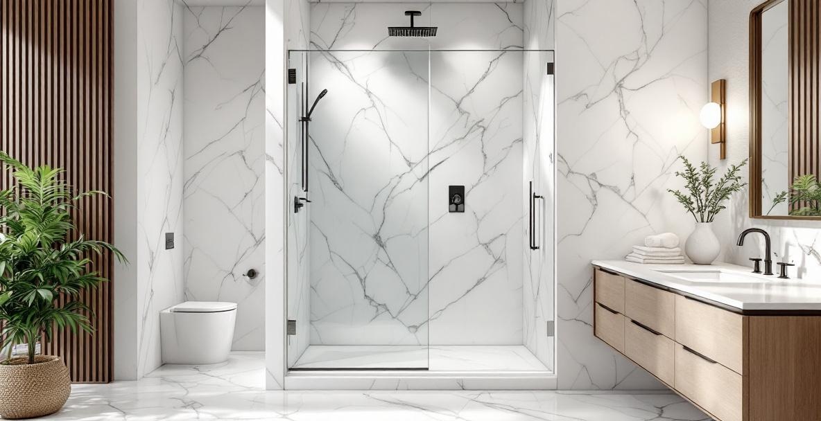 Open concept walk-in shower with frameless glass panel and no door, showing clean modern doorless shower design for DFW bathrooms