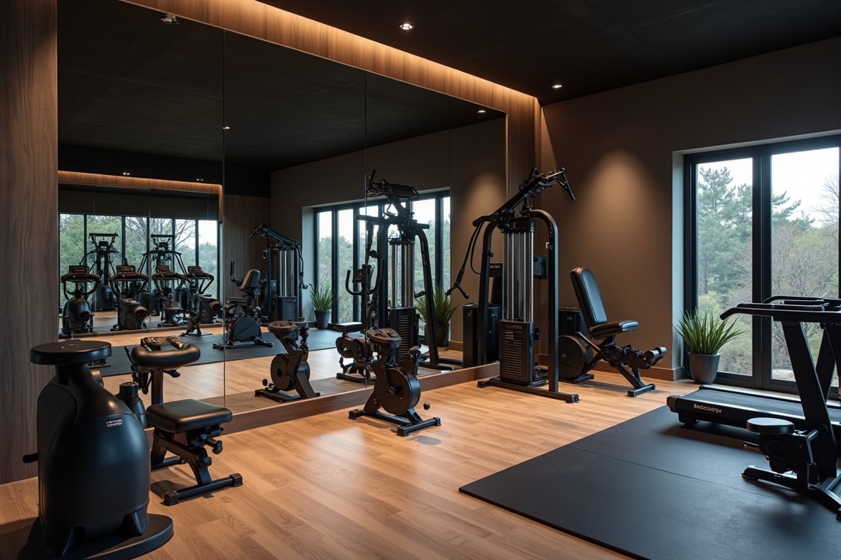 Modern Texas home gym with oversized wall-to-wall mirror installed along one full wall, reflecting exercise equipment and making the workout space look twice as large