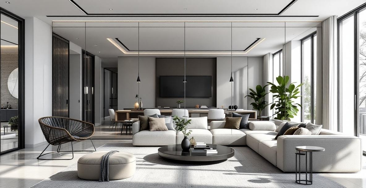 Oversized wall mirror installed in a modern Texas living room, spanning floor to ceiling and reflecting natural light across the open-concept space