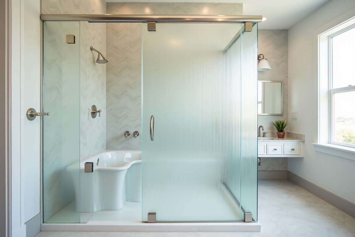 Frameless shower enclosure with reeded patterned glass panel installed in a modern DFW bathroom showing the textured glass with brushed nickel hardware and tile surround