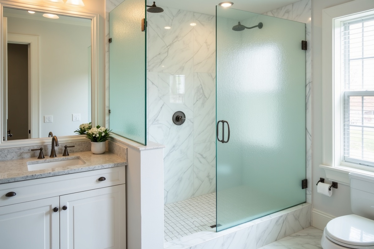 Custom bathroom shower installation showing mixed clear and textured glass panel configuration in a DFW home demonstrating how patterned glass can be combined with clear panels