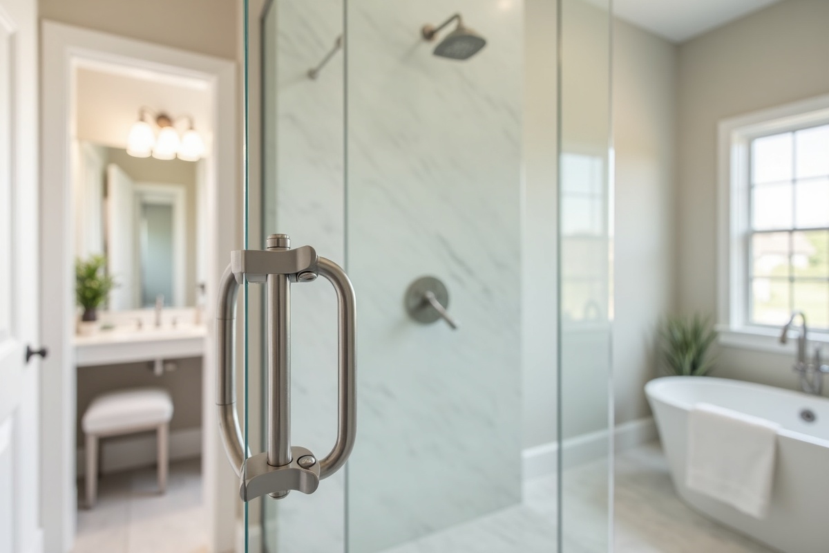 Frameless shower door with wall-mount hinges in brushed nickel showing standard installation in a residential bathroom