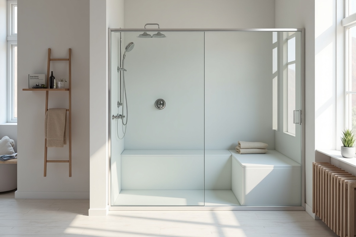 Open wet room shower with pivot door showing full 180-degree swing capability and clean glass edge without visible wall hardware