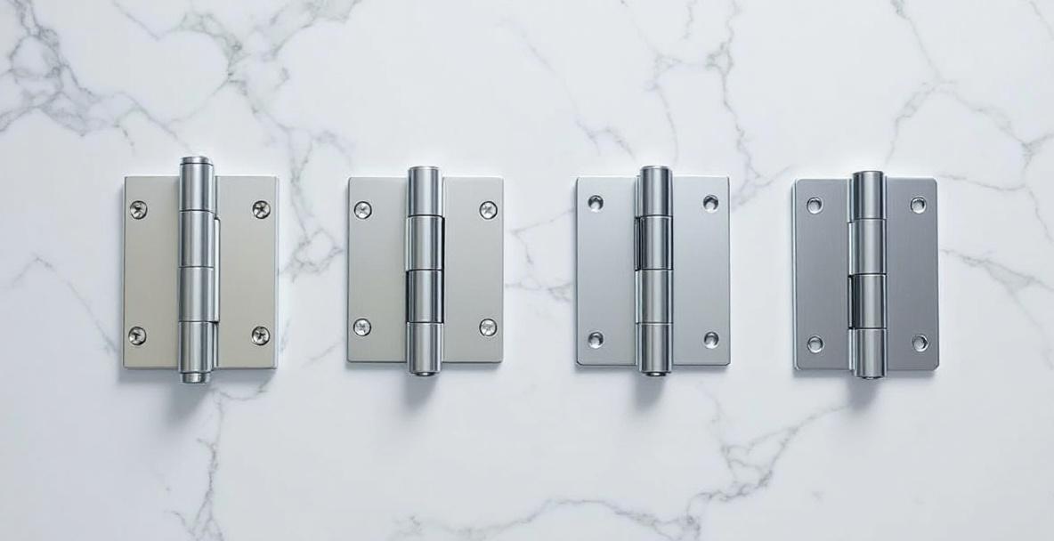 Side-by-side comparison of pivot hinge and wall-mount hinge configurations on frameless shower doors in a bathroom showroom