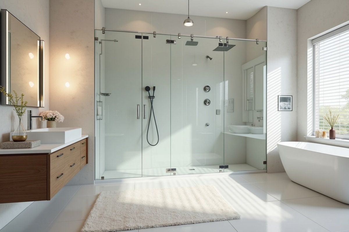 Frameless glass shower enclosure in a modern DFW bathroom showing the open visual effect and hardware-only mounting that makes frameless the most popular shower door style in 2026