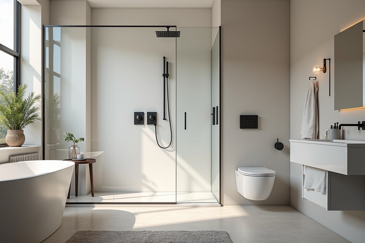Contemporary bathroom design in DFW showing modern shower enclosure style with clean lines and updated hardware finish for 2026 bathroom trends