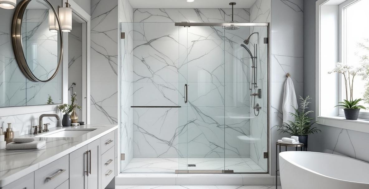 Modern DFW bathroom showing popular 2026 shower door style with frameless glass enclosure, large format tile, and contemporary hardware finish