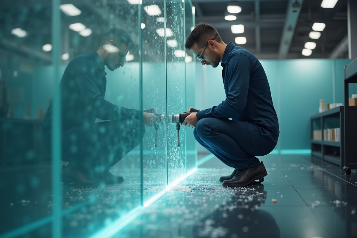Glass shop worker edge-polishing precision-cut shower glass panels after CNC scoring and breaking