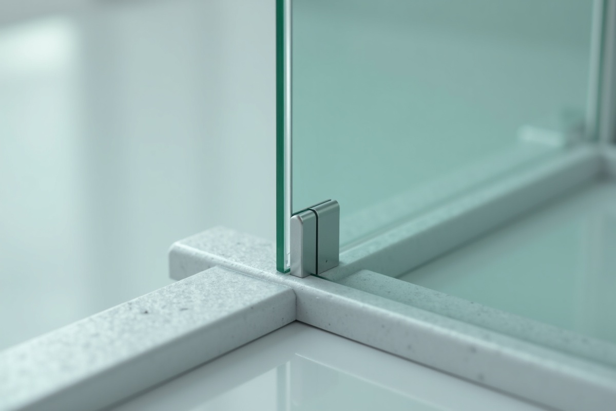 Closeup of precision-mitered glass corner joint where two shower panels meet at a clean glass-to-glass junction
