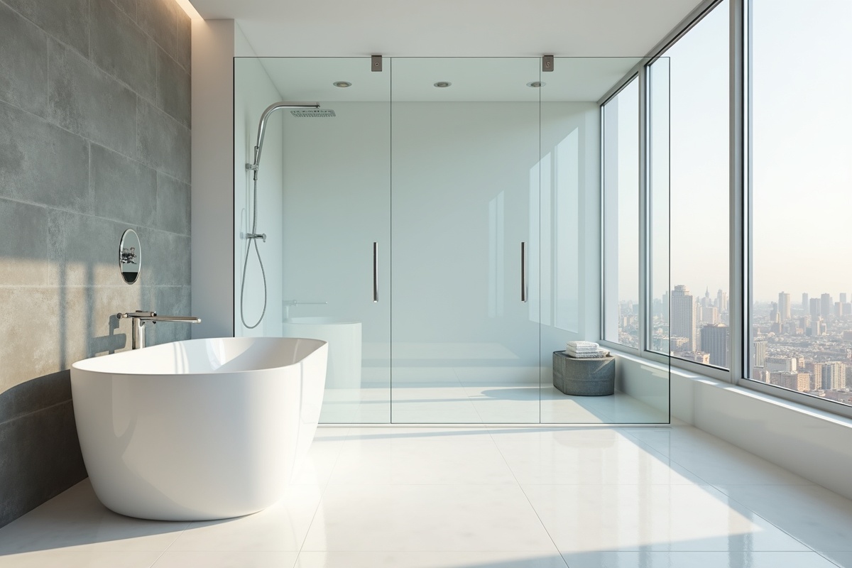 Spacious modern bathroom with thick frameless glass shower panels showing the clarity and weight of premium glass