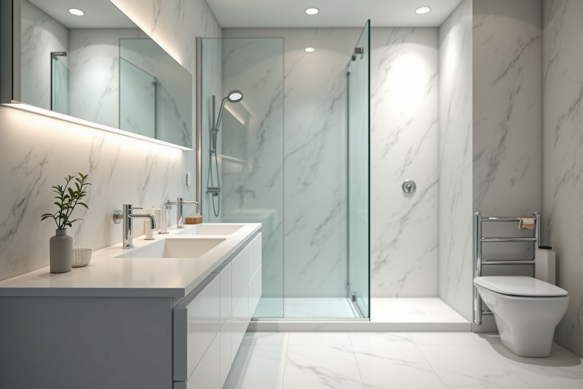 Bathroom vanity and glass shower area showing clean installation lines and precise hardware alignment