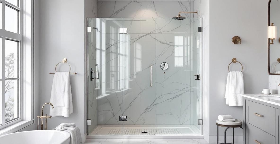 Luxurious modern bathroom with large frameless glass shower enclosure featuring thick glass and premium hardware