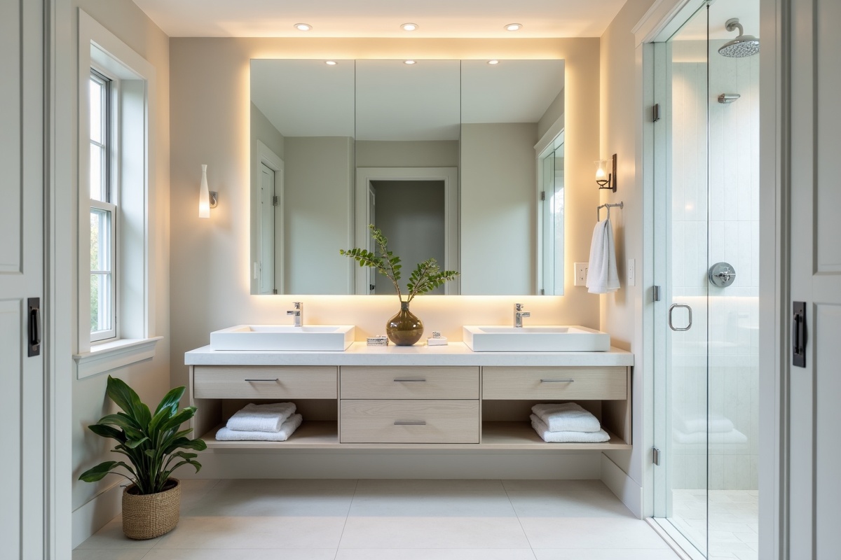Modern bathroom featuring double-vanity oversized mirrors and contemporary glass design as part of a Dallas primary bath upgrade