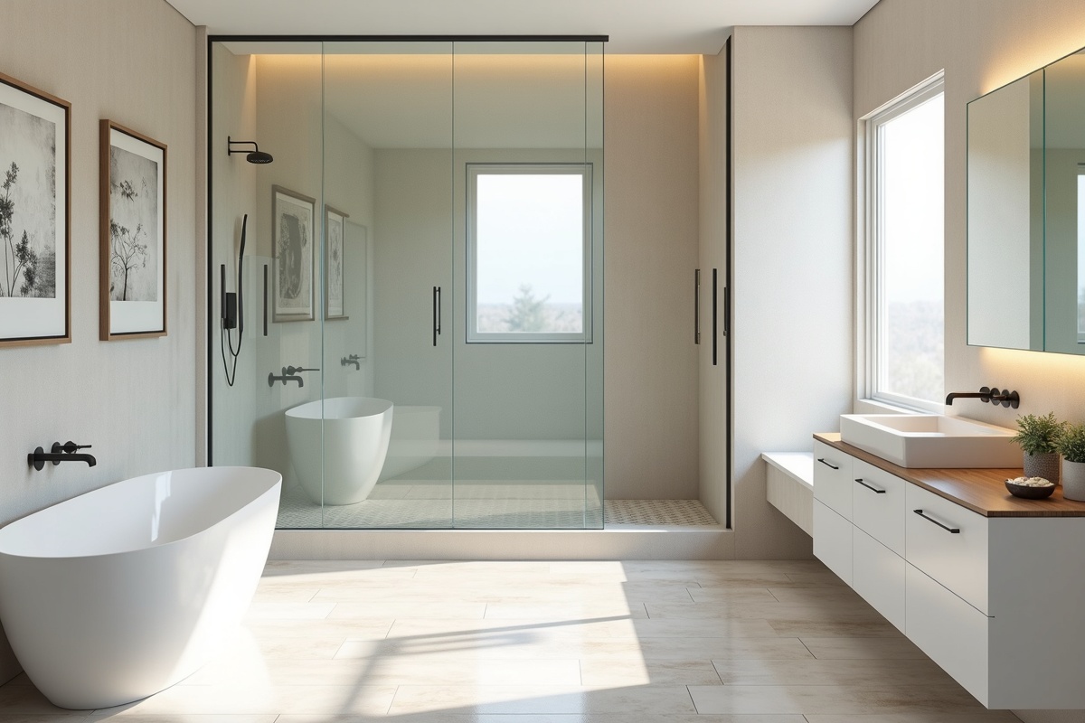 Primary bathroom interior with glass partition and spa-style layout showcasing a full glass and mirror upgrade in a DFW home