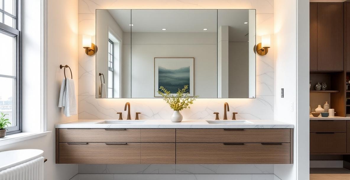 Spacious luxury primary bathroom with oversized mirror freestanding tub and neutral palette in a Dallas home