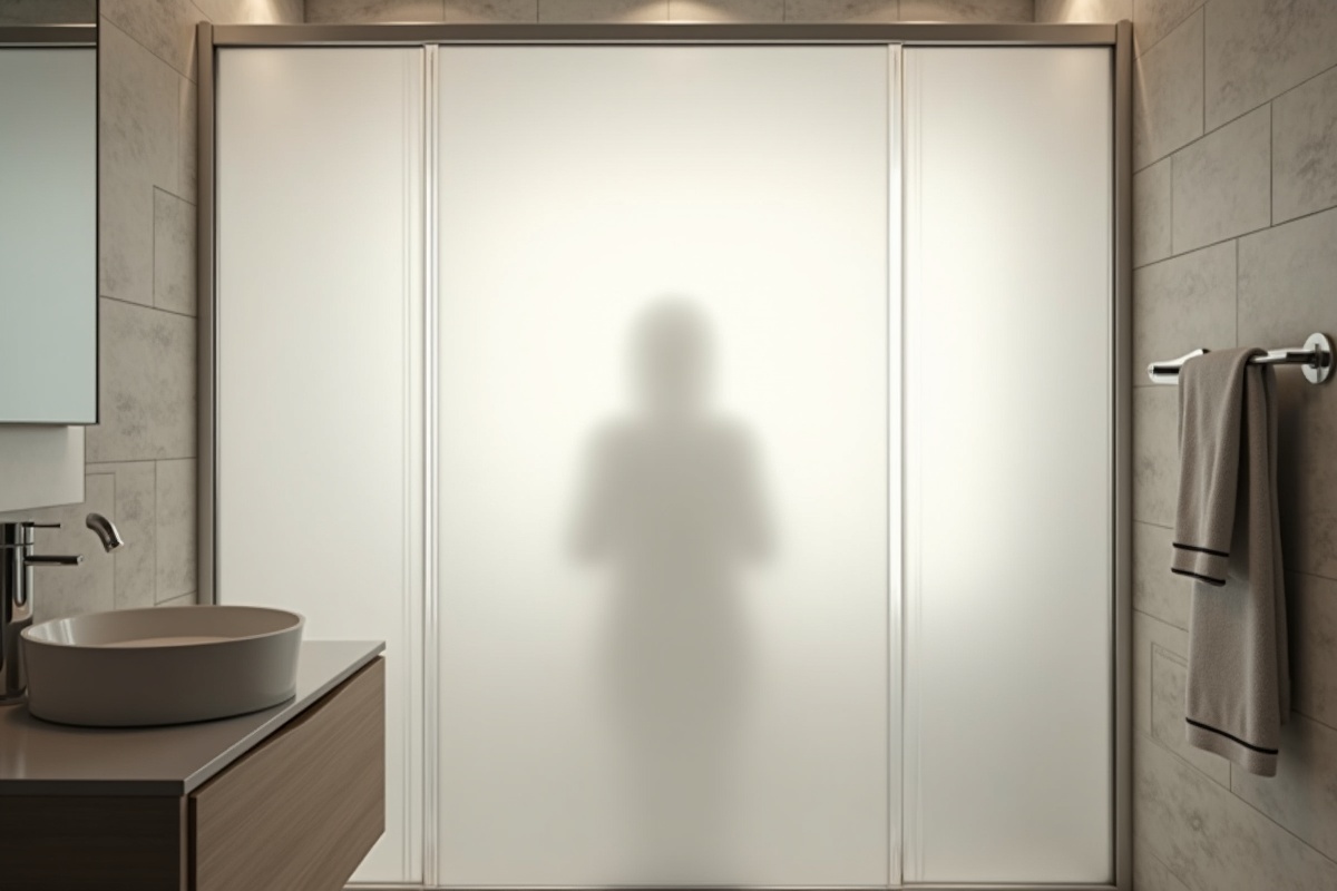 Soft silhouette of a figure behind a frosted privacy glass wall demonstrating the level 3 to 4 obscurity that makes acid-etched frosted glass the most common bathroom privacy specification in DFW