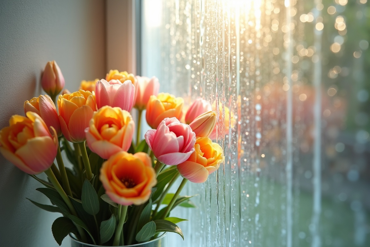 Bouquet of colorful flowers seen through wet obscure privacy glass showing how pattern glass diffuses detail while preserving full light transmission in a bathroom application