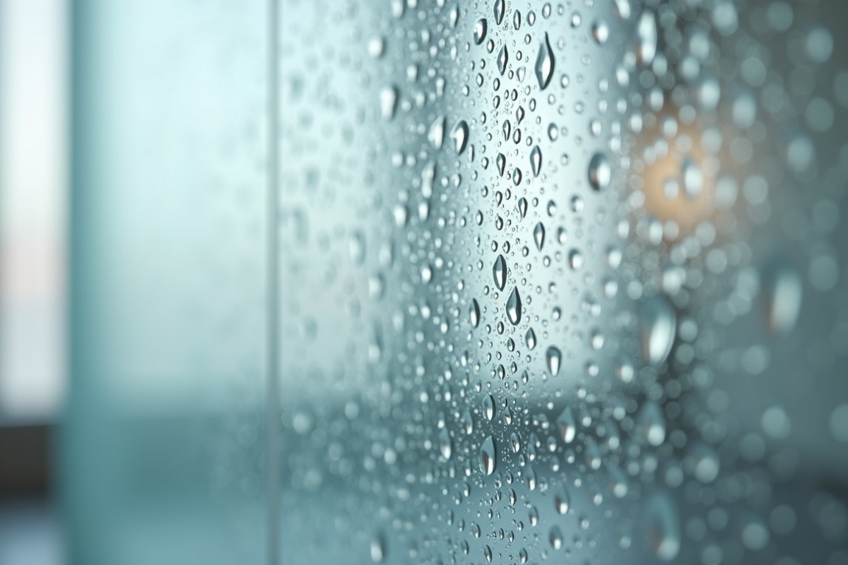 Detail shot of rain glass panel surface showing the characteristic water droplet embossed pattern that gives the glass its name and distinctive privacy effect in a bathroom enclosure