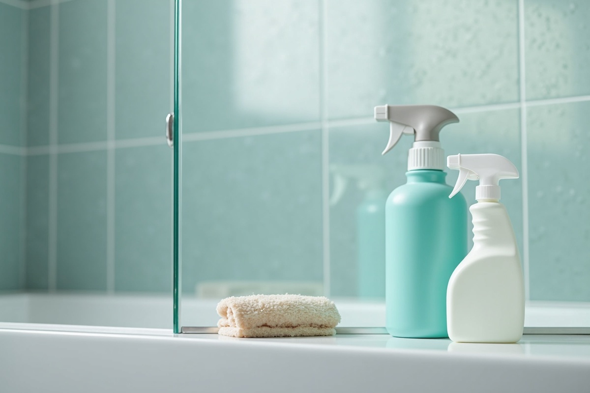 Bathroom cleaning supplies including squeegee and spray cleaner positioned near a glass shower enclosure showing the maintenance tools needed for textured glass in a DFW hard water area