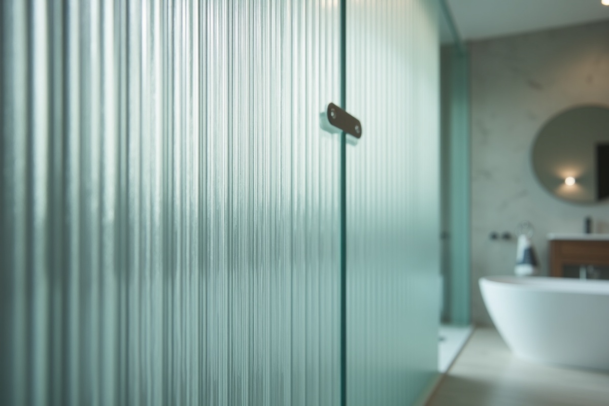Close-up view of reeded fluted glass texture showing parallel vertical channels that catch and diffuse light beautifully in a contemporary bathroom setting in Texas