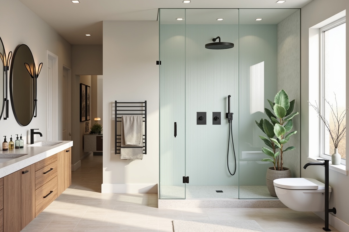 Modern DFW master bathroom remodel featuring full-height reeded glass shower panel paired with warm-toned wood vanity and matte black hardware creating a spa-inspired retreat