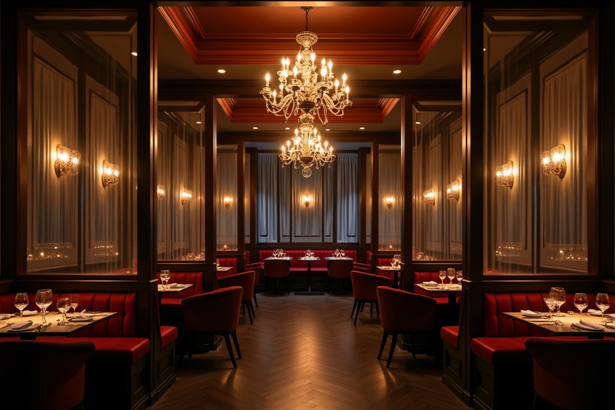 Upscale Dallas restaurant interior featuring chandeliers and glass partition divider creating private dining zones with warm ambient lighting and plush seating