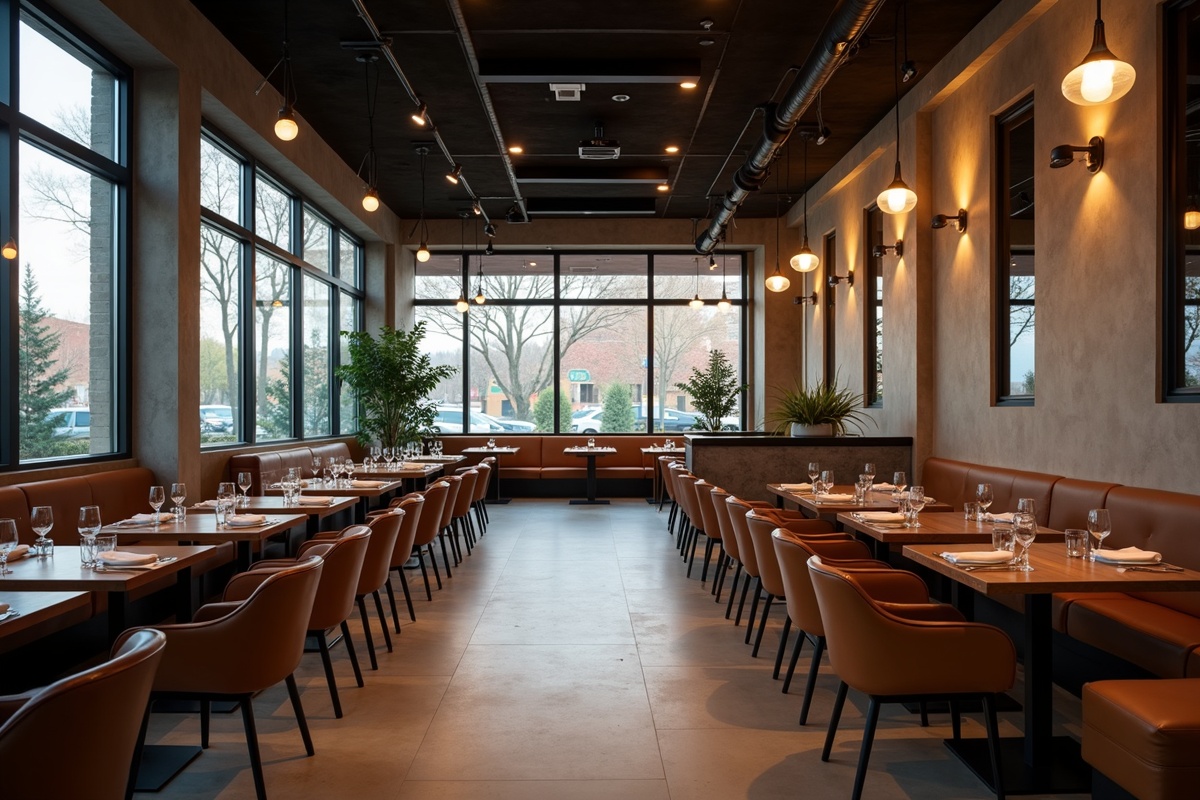 Stylish empty Dallas restaurant interior viewed through a frameless glass wall partition showing clean sightlines, modern seating, and warm lighting throughout