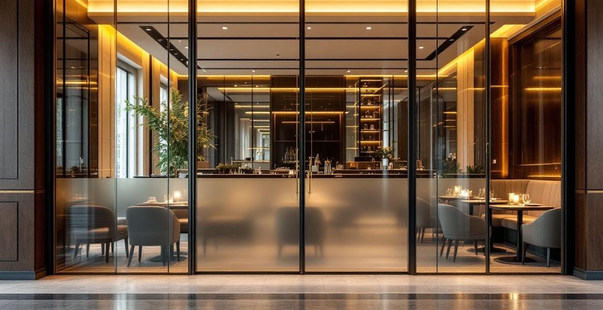 Elegant restaurant interior featuring a glass wall dining design with chandeliers and ambient lighting representing Dallas commercial glass partition installation