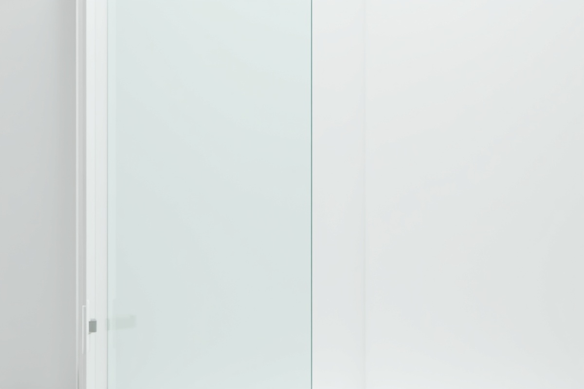 Clean white bathroom with frameless glass shower panel and visible hardware mounting points along the glass edge