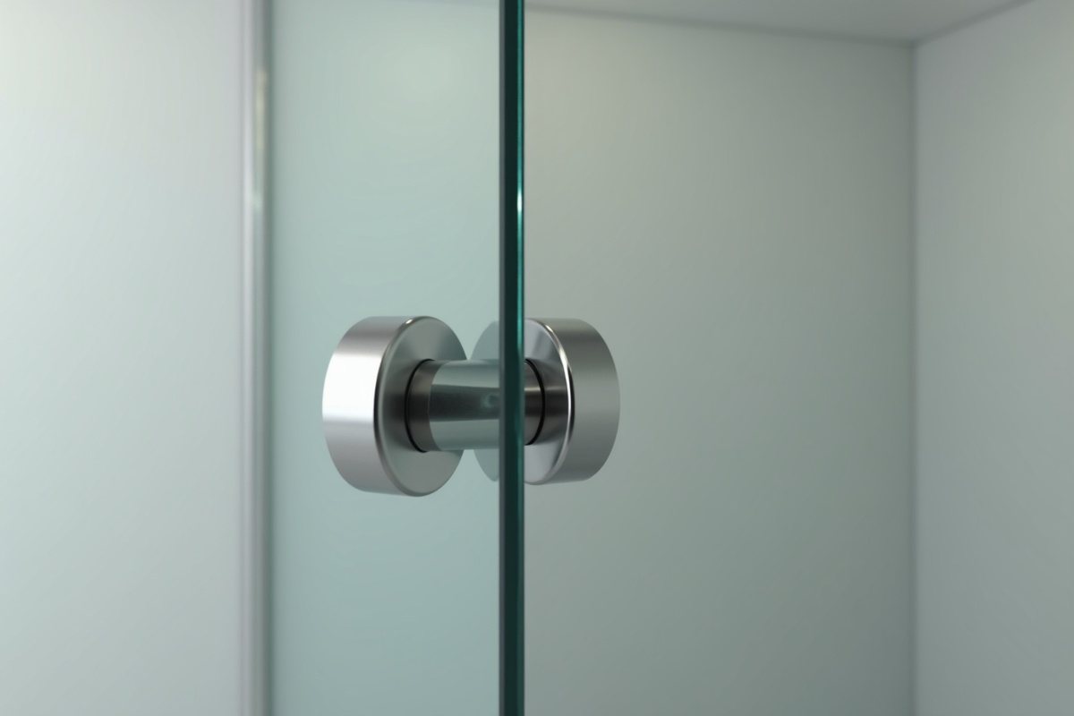 Close-up detail of minimal hardware on a frameless glass shower door showing sleek clamp fixtures