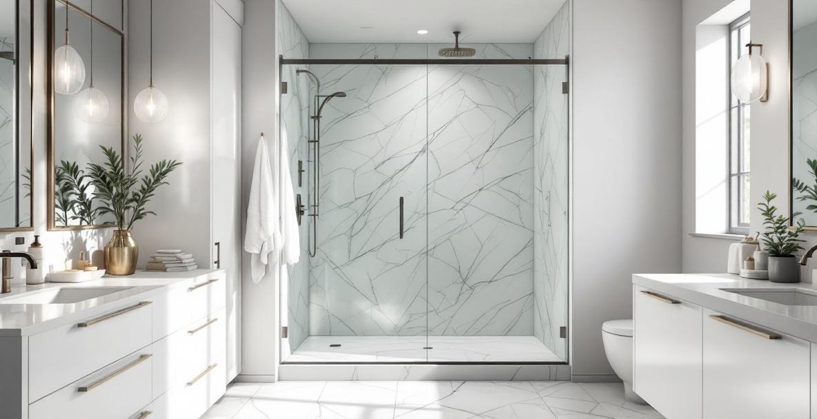 Sleek modern bathroom with seamless frameless glass shower enclosure and clean corner joints