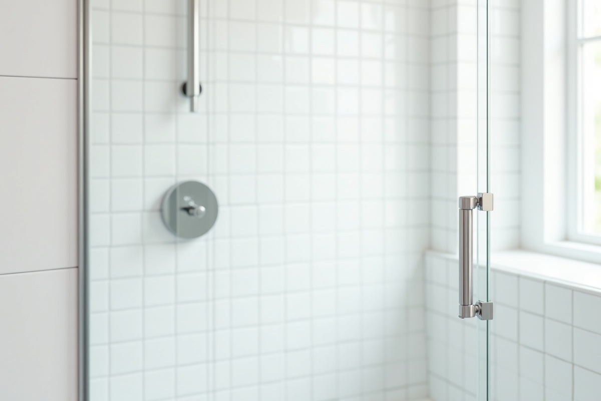 Bathroom with glass shower door showing clean lines and minimal hardware against white subway tile