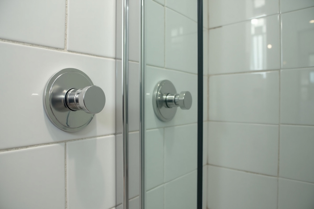 Bathroom detail showing glass shower door with coordinated metal hardware and tile finishes