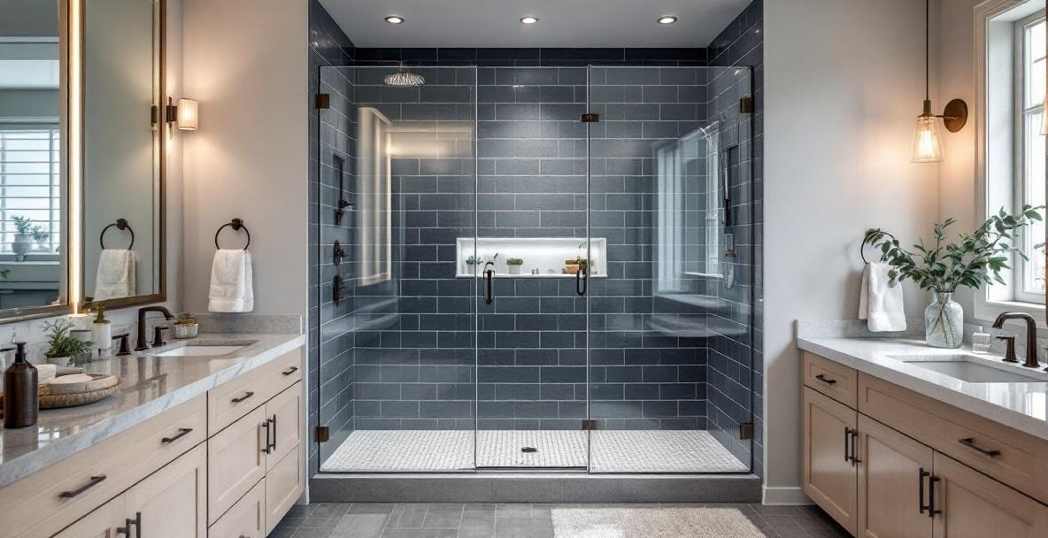 Modern bathroom with a semi-frameless glass shower door showing partial metal framing along the top and bottom edges
