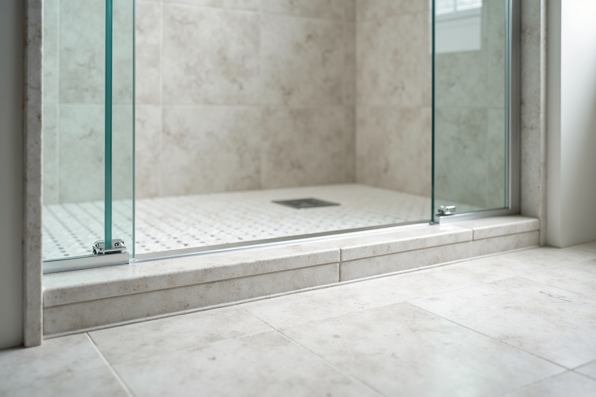 Low-profile shower threshold tile with aluminum track bedded in silicone at the base of a DFW walk-in shower, illustrating modern curb and bottom rail installation