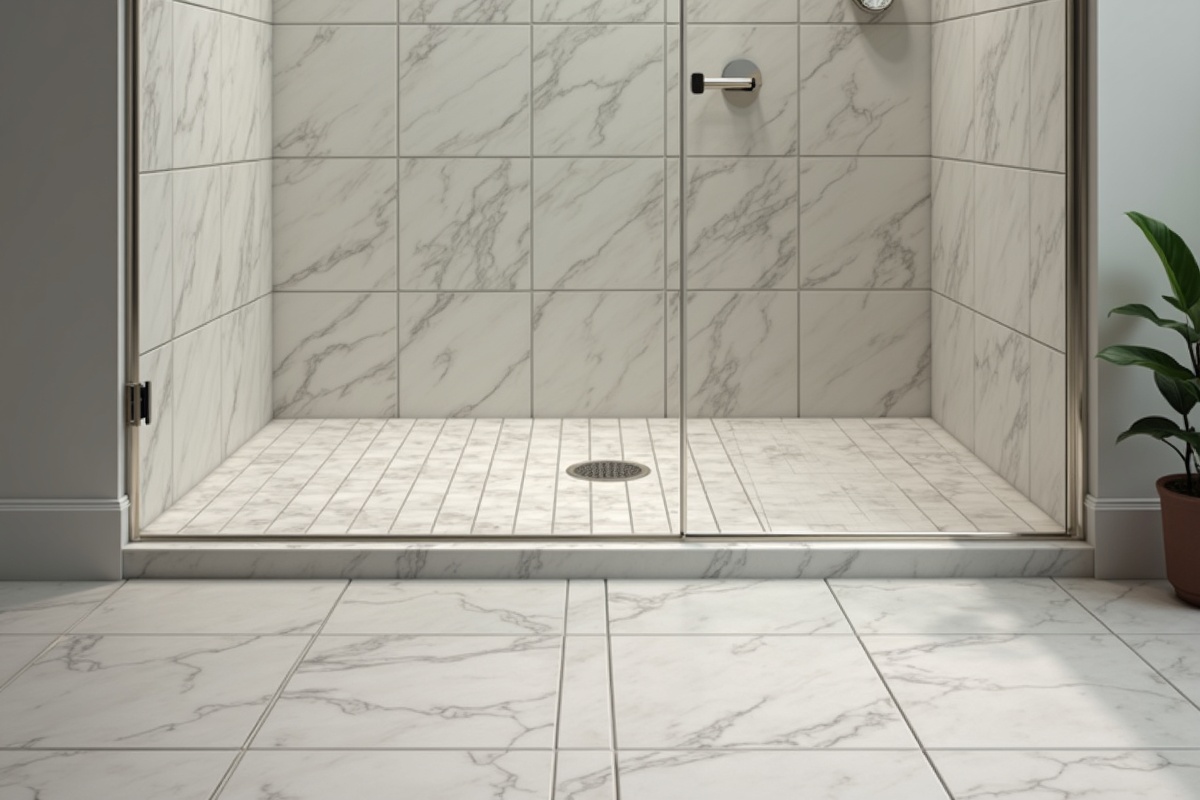 Tiled low-threshold curb at the entry of a modern walk-in shower in a DFW bathroom with a linear drain visible in the shower floor