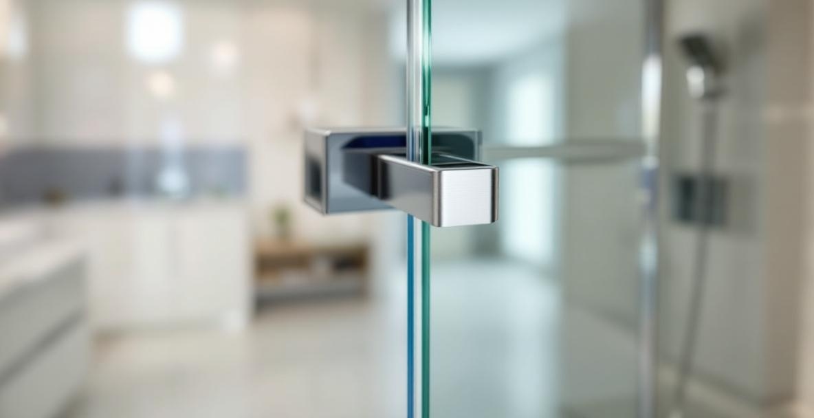 Close-up of the bottom rail and threshold of a modern glass shower door showing the aluminum track bedded in silicone on a tiled curb in a DFW bathroom