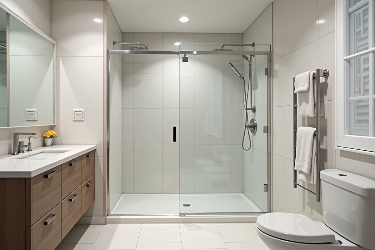 Bathroom renovation in progress showing glass shower door measurement and preparation before installation