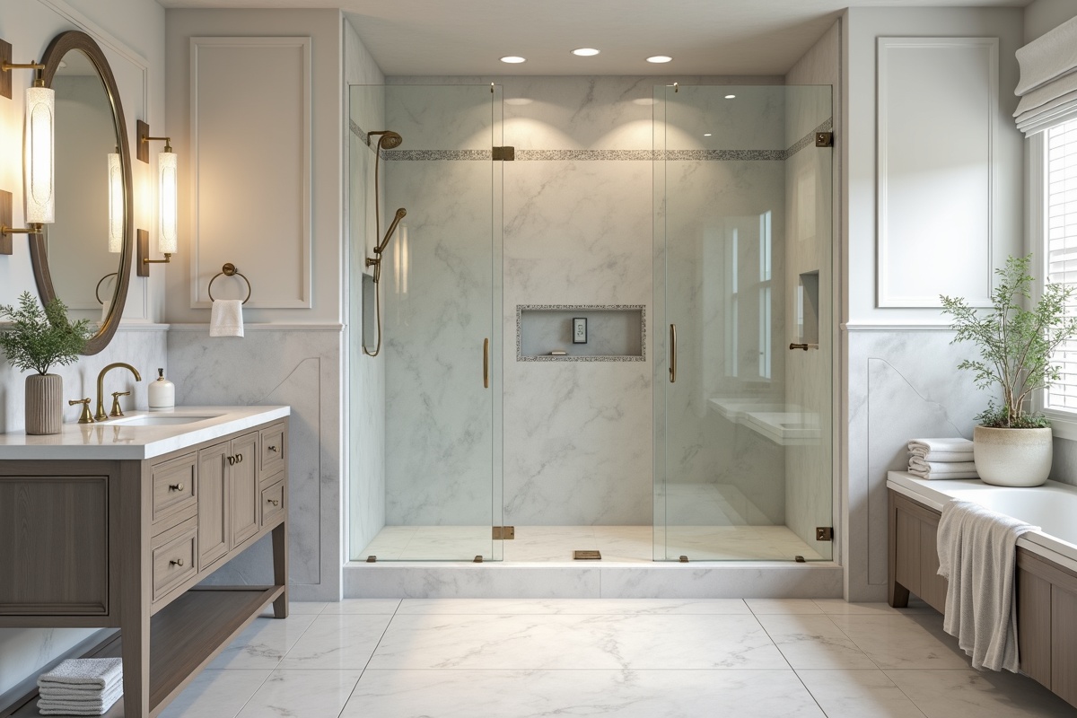Elegant bathroom interior with custom glass shower enclosure and designer tile work in a renovated Dallas home