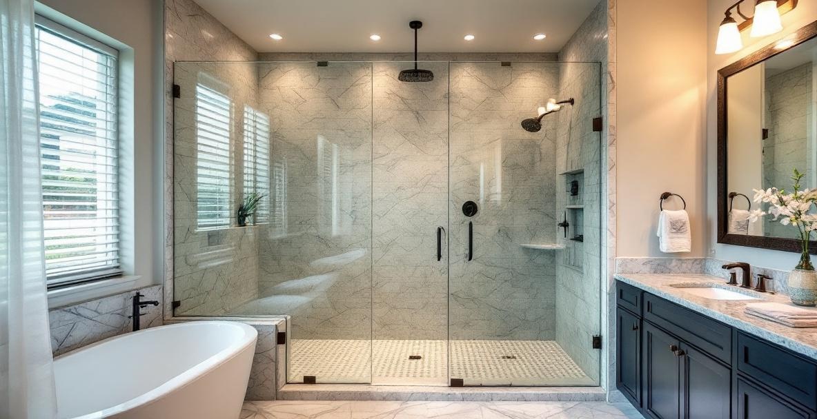 Modern Dallas bathroom with new glass shower door installation showing the finished result of a professional upgrade