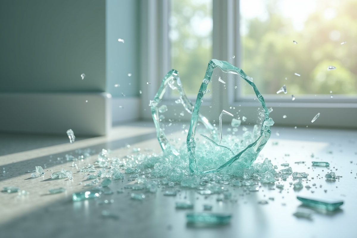 Broken safety glass fragments on a surface illustrating how tempered shower glass crumbles into small pieces rather than sharp shards when it fails in a DFW home
