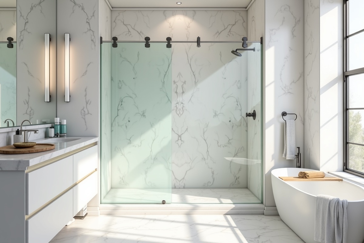 Modern bathroom interior with glass partition wall and marble finishes representing the clean result of a successful shower door glass replacement project in the DFW metro