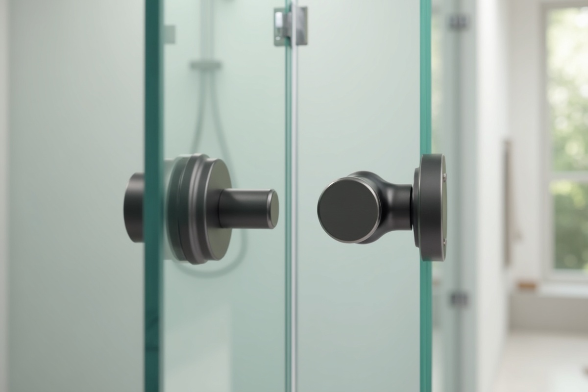 Side-by-side comparison of matte black and brushed nickel shower door hinges and handles on frameless glass