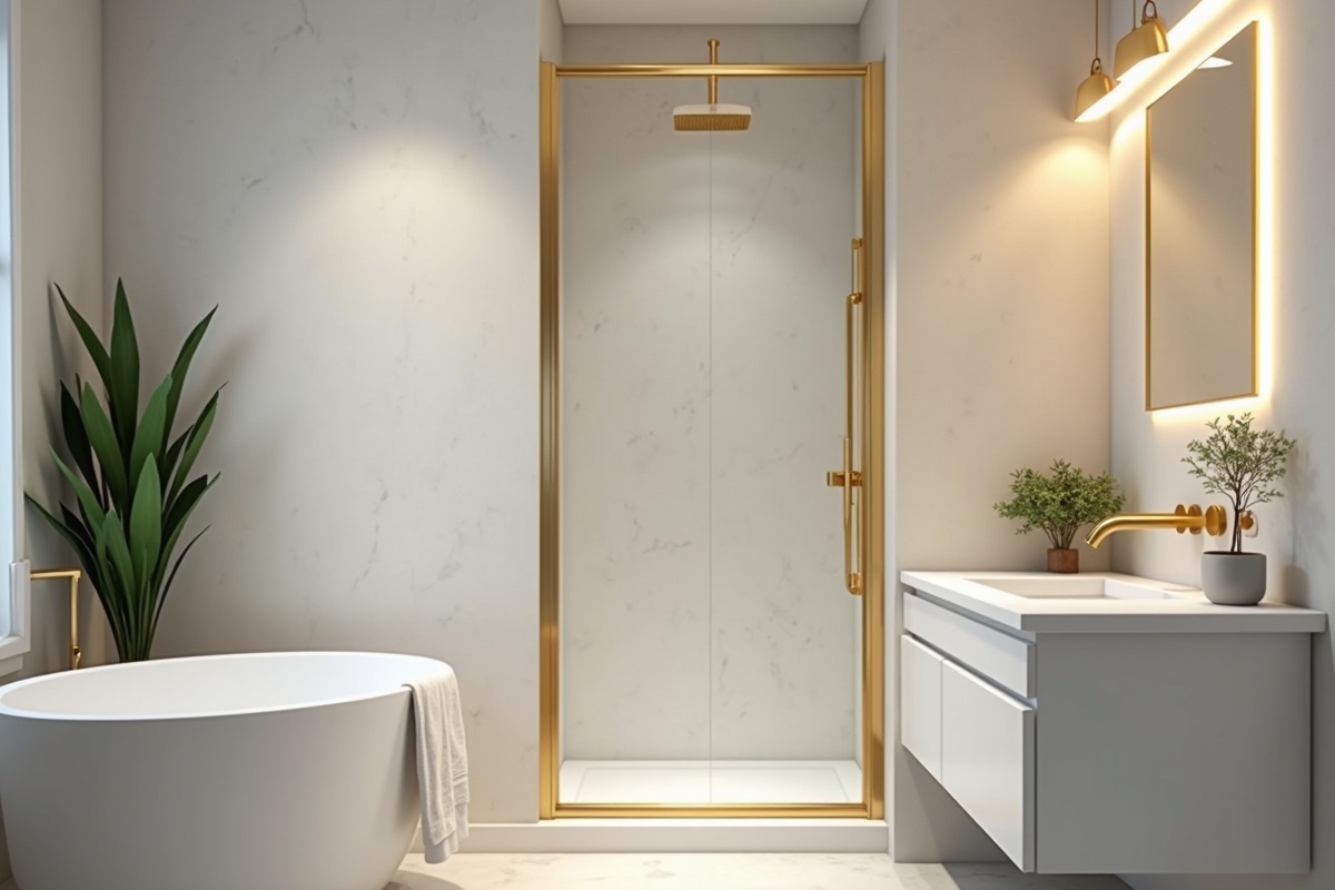 Modern bathroom showing coordinated brushed gold shower door hardware with matching faucet and vanity fixtures