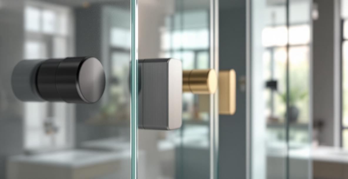 Collection of shower door hardware finishes including matte black, brushed nickel, and chrome displayed in a bathroom showroom