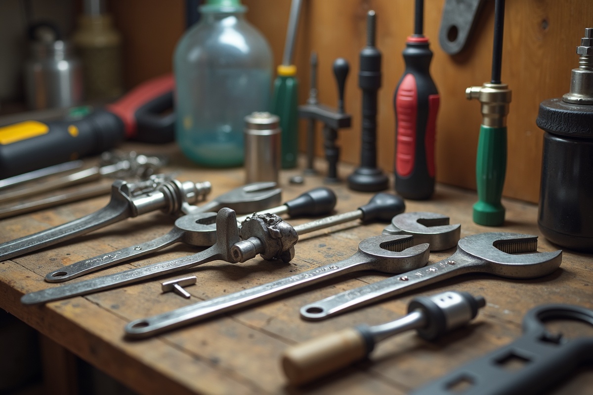 Assorted hand tools including wrenches and screwdrivers organized on a workbench ready for a frameless shower door hinge adjustment project