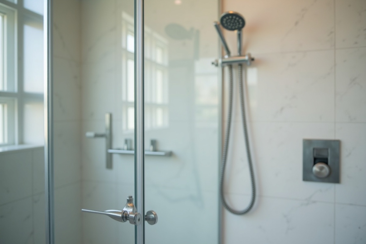 Stainless steel shower fixtures inside a modern bathroom where regular hinge and hardware maintenance prevents frameless shower door misalignment over time