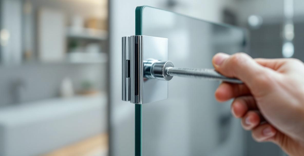 Close-up of a toolbox with wrenches and hex keys used to adjust shower door hinges during a bathroom repair project in a DFW area home